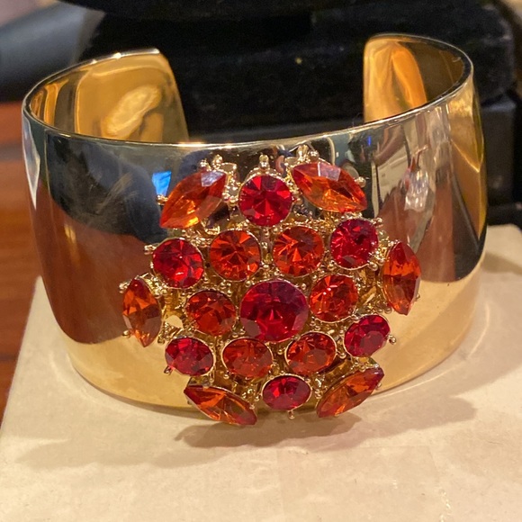 Mia Gold Tone Cuff Bracelet with Red Crystals. Heavy - Picture 5 of 5